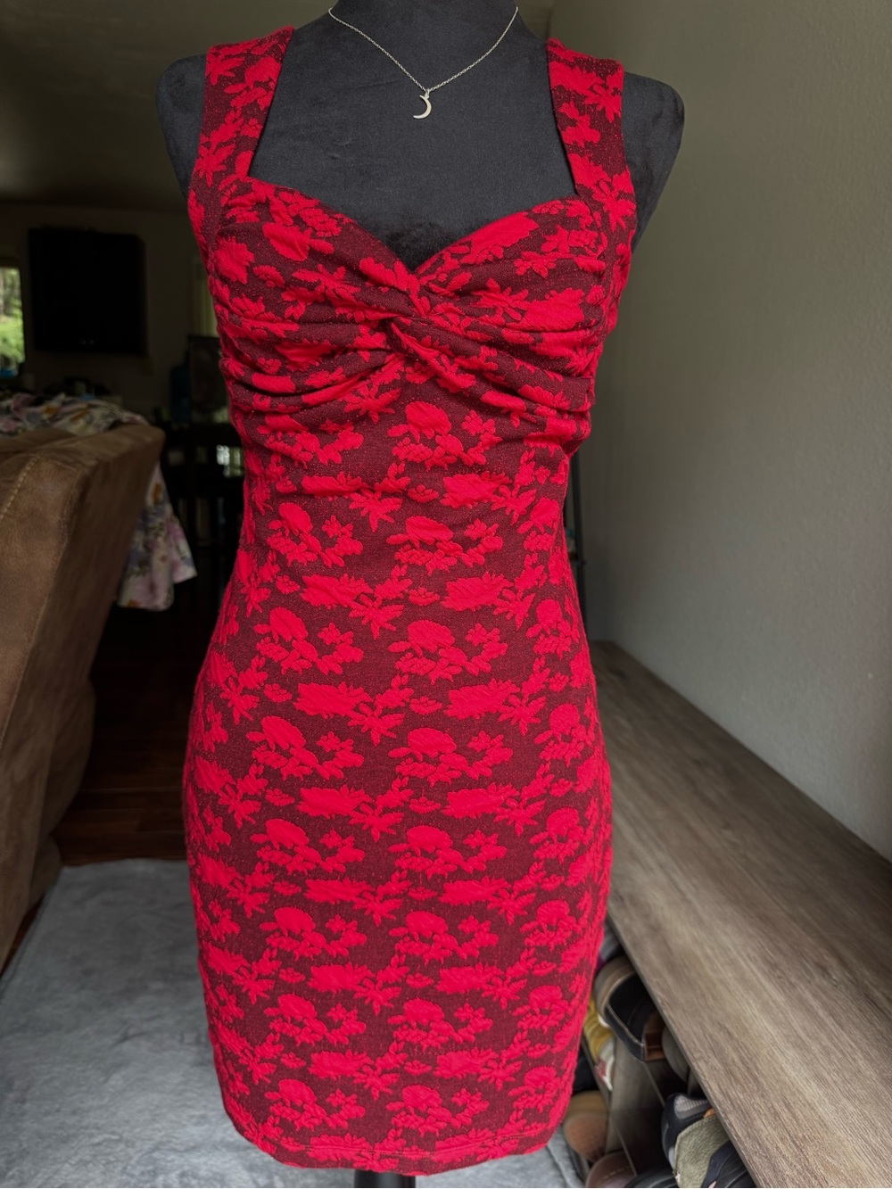 NWT~Vintage 90’s/Y2K Candie's Red Floral Jacquard/Brocade Bodycon Mini dress.